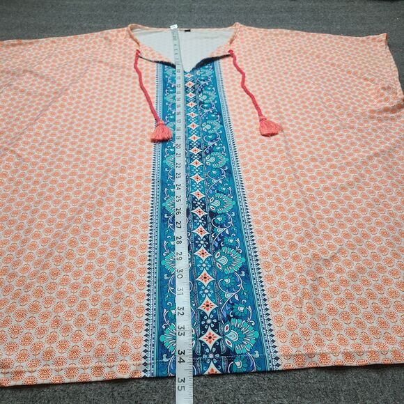 Boho Tunic Top XL Orange Blue Tassel V-Neck Caftan Blouse Lightweight Nylon... - Picture 3 of 8